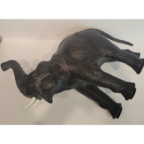 Elephant Black Leather Wrapped Vintage 13-14” Lucky Trunk Up Sculpture Statue - Picture 9 of 12